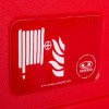 Identification label showing a hose reel cabinet symbol with a coiled hose and flames on a red background