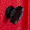 Close-up of a key inserted into the lock of a red hose reel cabinet