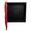 Open hose reel cabinet showing empty black interior with red door ajar