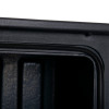 Close-up of black hose reel cabinet showing textured surface and edges with seal detail