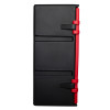 Side view of a black and red hose reel cabinet showing the closed door and latches