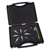 Adaptor kit with multiple metal pieces of different shapes and sizes arranged neatly in a black foam-lined case