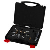 Open black case showing fire extinguisher adaptor kit nitrogen regulator hose components arranged inside at an angle