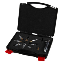 Open black case showing fire extinguisher adaptor kit nitrogen regulator hose components arranged inside at an angle