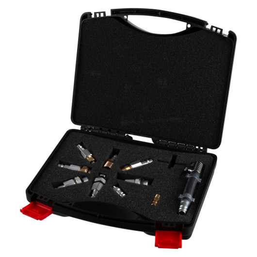 Open black case showing fire extinguisher adaptor kit nitrogen regulator hose components arranged inside at an angle