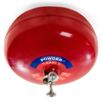 Front view of a red 6kg automatic powder fire extinguisher showing its label and pressure gauge