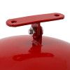 Mounting bracket attached to a 6kg automatic powder fire extinguisher showing red metal and fixing bolt