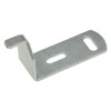 angled view of an inverted 2kg co2 extinguisher lug bracket made of silver metal with mounting holes