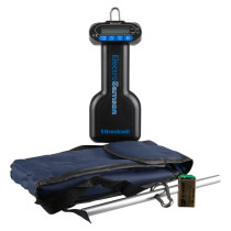 Salter Brecknell Electrosamson digital scales 25kg with blue carrying bag, metal rod, and battery shown together