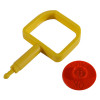 Red chubb type pin ok indicator and yellow square plastic component shown against white background