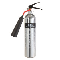 Front view of a 2kg co2 polished aluminium fire extinguisher showing the label and nozzle
