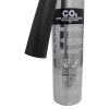 Bottom of a firechief 2kg co2 extinguisher showing the silver body and safety instructions label
