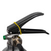 Closeup of the handle mechanism on a firechief 2kg co2 extinguisher with a yellow safety seal