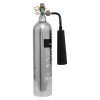 Side view of a firechief 2kg co2 extinguisher showing the silver cylinder and black discharge horn