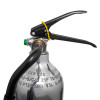 Top view of firechief 2kg co2 extinguisher showing black handle and silver metal cylinder with markings