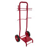 angled view of a red double extinguisher trolley bucket bracket showing its frame and wheels