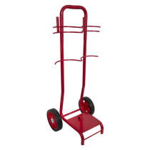 angled view of a red double extinguisher trolley bucket bracket showing its frame and wheels