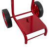 Base of the double extinguisher trolley bucket bracket shown in red with two black wheels attached