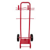Front view of red double extinguisher trolley bucket bracket with two wheels and frame for holding items