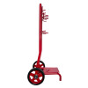 Side view of a red double extinguisher trolley bucket bracket with two large wheels and multiple holders for buckets