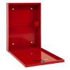 Red slimline document cabinet open with a slim rectangular shape and a lockable flap lying flat