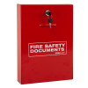 angled view of a slimline document cabinet in red with a lock and key and fire safety documents label on the front