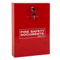 angled view of a slimline document cabinet in red with a lock and key and fire safety documents label on the front