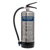 Front view of 6kg dry powder extinguisher stainless steel with black hose and handle on top