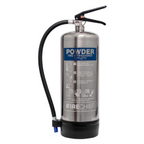 Front view of 6kg dry powder extinguisher stainless steel with black hose and handle on top