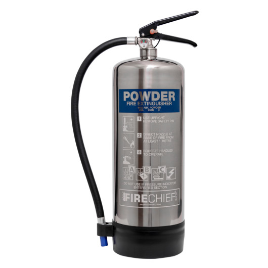 Front view of 6kg dry powder extinguisher stainless steel with black hose and handle on top