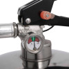 Close-up of the handle and pressure gauge on a 6kg dry powder extinguisher stainless steel