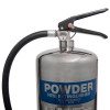 Close-up of the head of a 6kg dry powder extinguisher stainless steel with pressure gauge and hose connection