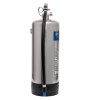 Side view of a 6kg dry powder extinguisher stainless steel with hose and label visible