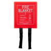 Red Ultrafire fire blanket in square case showing front with black pull tabs hanging down