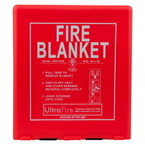 Red case showing the front of an ultrafire fire blanket with instructions and branding on the cover