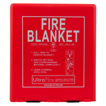 Front view of ultrafire fire blanket in a red square case with white text and instructions visible