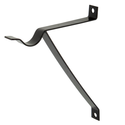 angled view of a black metal fire bucket bracket with two mounting holes at each end