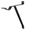 Front view of a black fire bucket bracket made from metal with two mounting holes for fixing to a surface