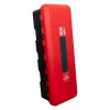 Angled view of the red firechief cabinet 12kg extinguisher showing its slim design and front label panel