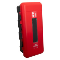 angled view of firechief cabinet 6 kg ltr extinguisher in red with black side panels and a small window on the front
