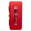 Front view of firechief cabinet 9 kg ltr extinguisher in a red case with a window showing the extinguisher label