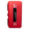 front view of a red firechief cabinet 9 kg ltr extinguisher with black window and fire extinguisher labels