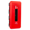 angled view of red firechief cabinet 9ltr extinguisher with a window and fire extinguisher symbol visible