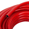 Close up of coiled red 19mm 30m fire hose showing texture and open end