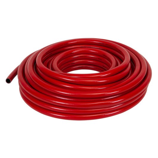 Side view of a coiled 19mm 30m fire hose in bright red color