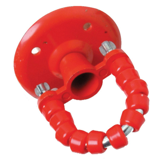 Red beaded hose guide shown from the front with a circular base and adjustable beaded loop