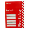 Front cover of fire log book a4 in red with white text and diagonal stripes on the right side