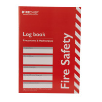 Front cover of a fire safety log book with red background and white text showing areas for company and contact details