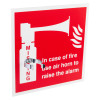 angled view of emergency air horn with sign and bracket showing red sign with white air horn graphic and text instructions