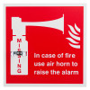emergency air horn with sign and bracket showing a red square sign with a white air horn image and fire safety instructions